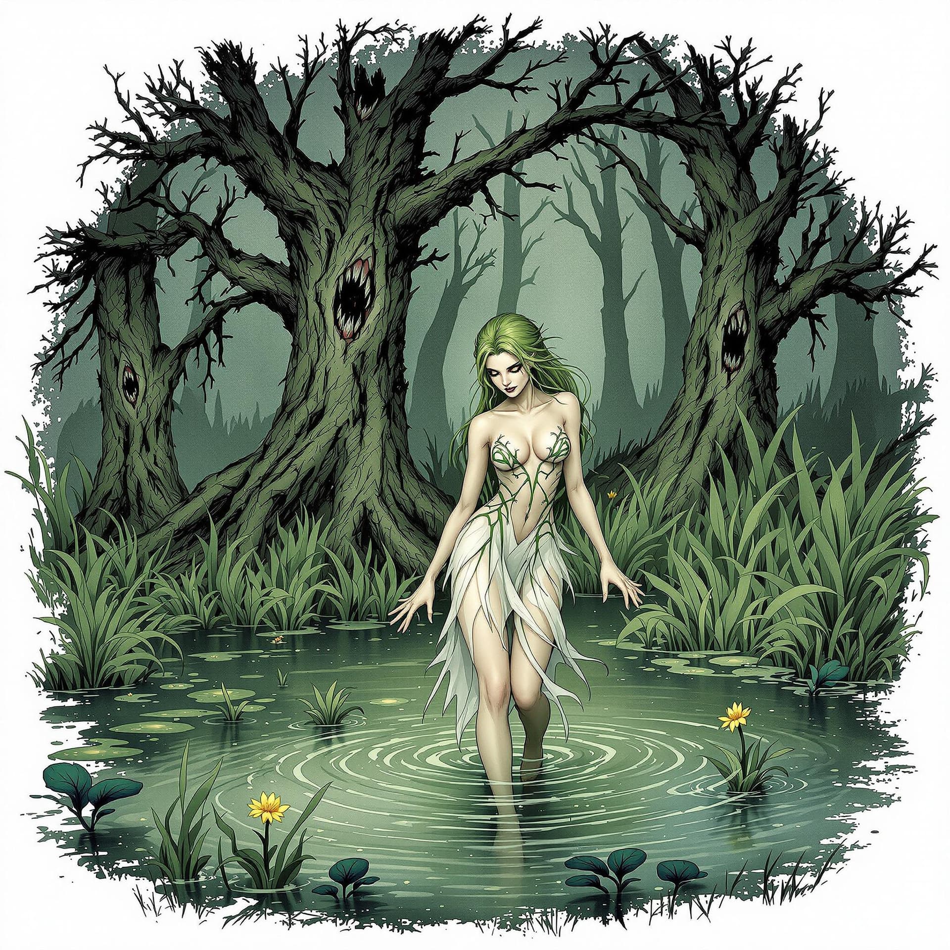 AI generated: A nymph comes out of a pond. Around the pond, there are swamp plants and scary trees. the nymph wear...