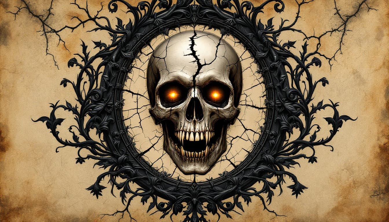 AI generated: Dark fantasy gothic artwork: ancient cracked vampire skull with razor-sharp fangs, jagged teeth, hol...