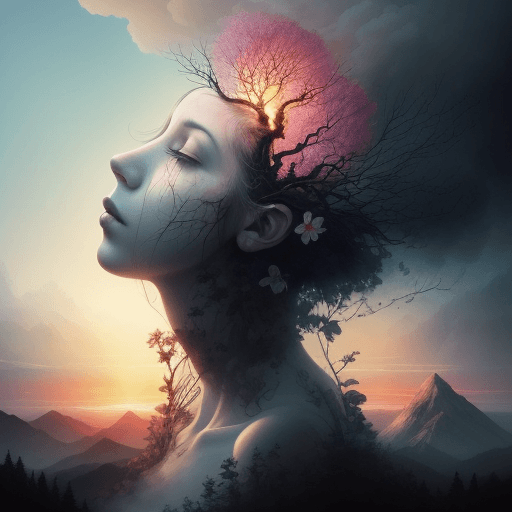 AI generated: Nature exploding out a humans head, trees, flowers, mountain, sunset, nature mind, expressive creati...
