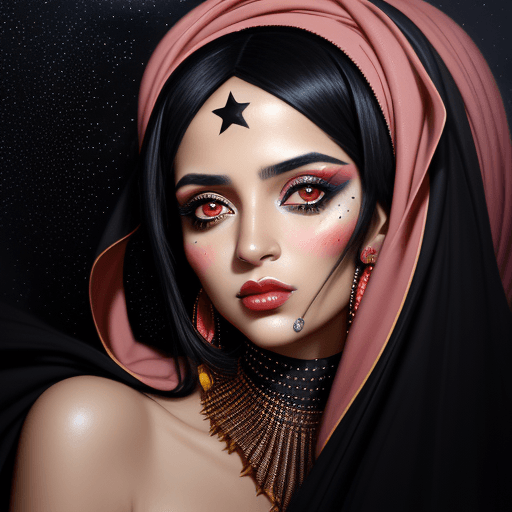 AI generated: portrait of a Libyan woman, black hair with stars in it, covered in cloud of smoke, night, whirlwind...