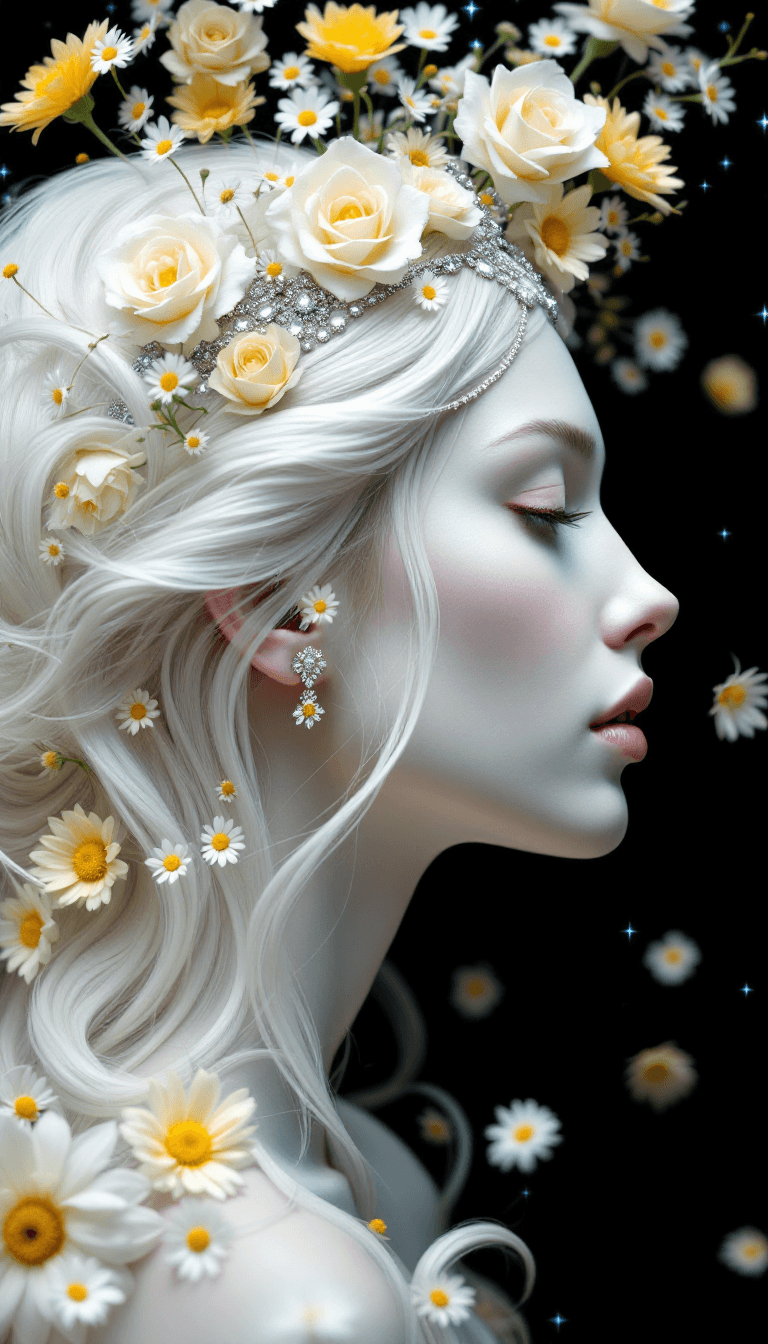 AI generated: An ethereal 3D side-profile image of a woman with pale skin and flowing white hair, blending into an...