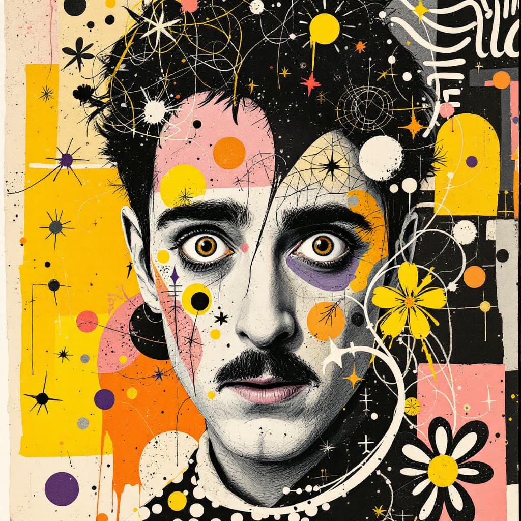 AI generated: A mixed media collage featuring Chrlie Chaplin figure with expressive eyes, adorned in vibrant patte...