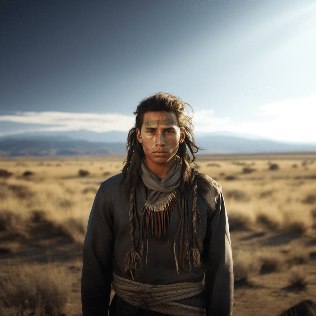 AI generated: young handsome native american man, perfect symmetrical face, wild west environment, Montana landsca...