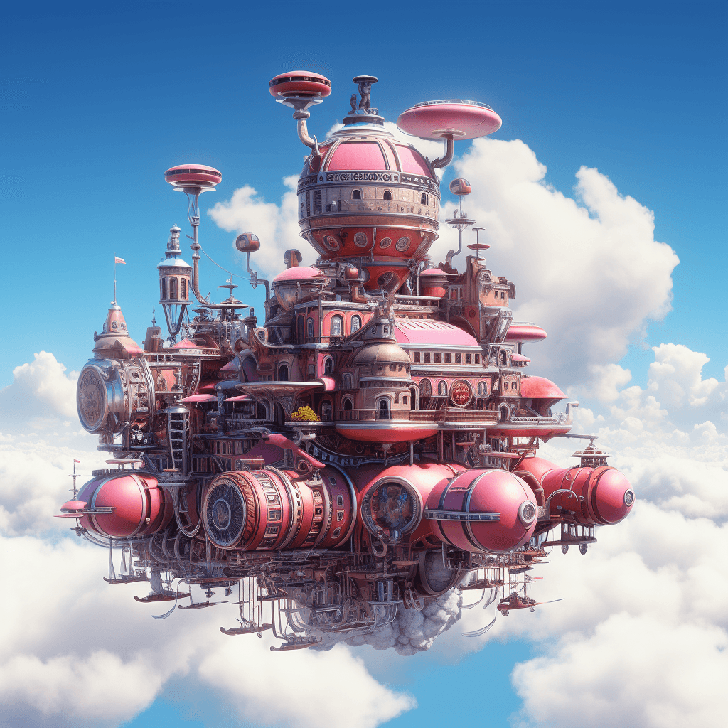 AI generated: futuristic structure which is floating on top of the clouds, red and blue color schema, in the style...