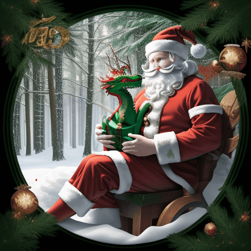 AI generated: A New Year's dragon, sitting near the Christmas tree, With a Santa Claus hat on the dragon's head. a...