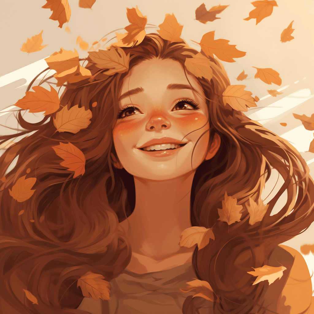 AI generated: minimalism portraitface of smiling girl wearing a too big autumn leaf crown and holding her head hig...