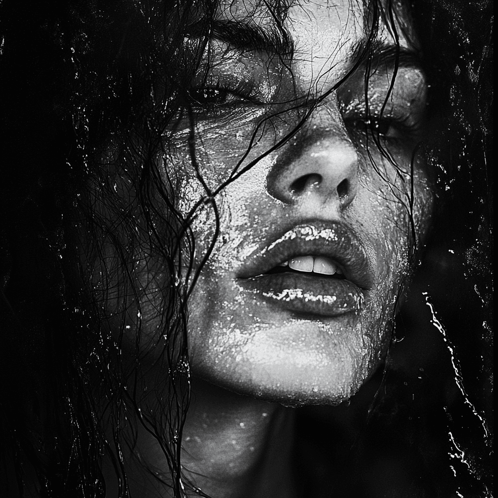 AI generated: 
create an image of Rain-kissed strands of hair fall like tangled ink across her face. The camera d...