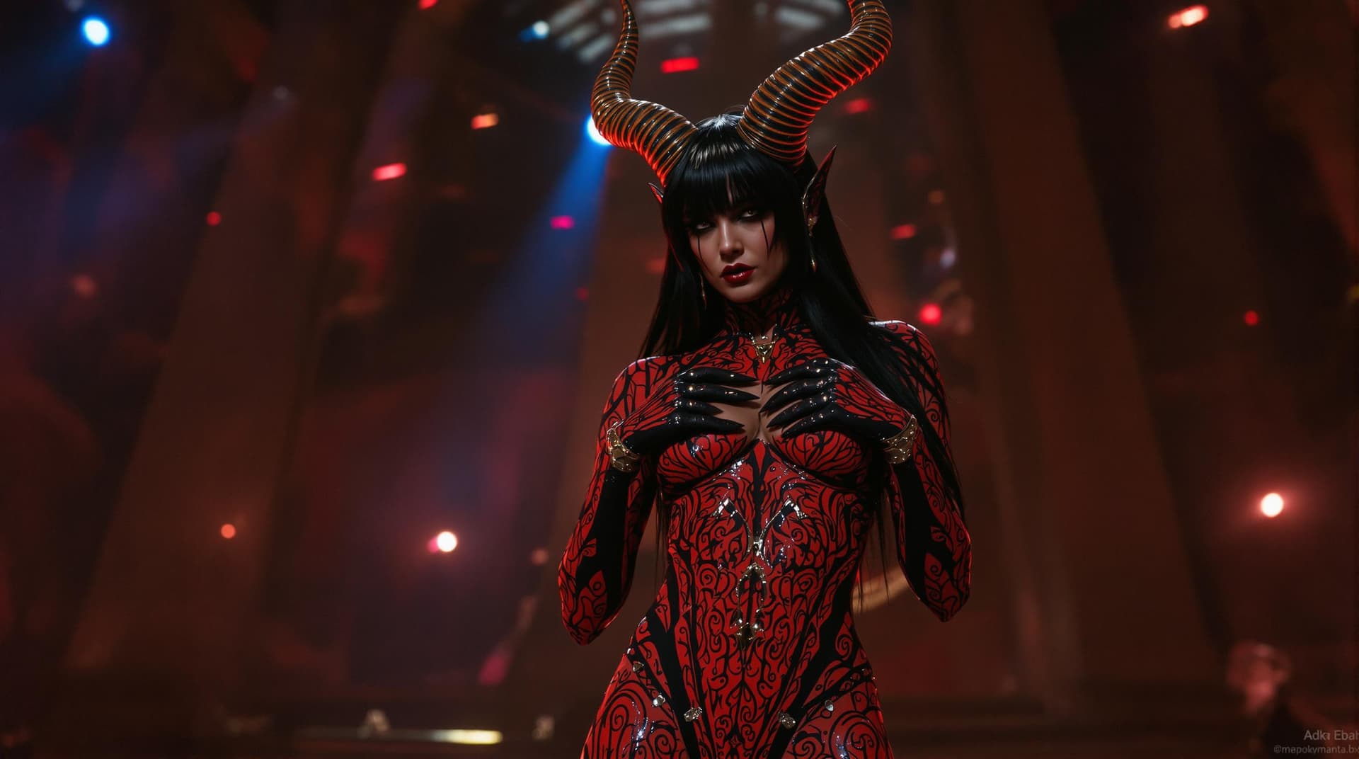 AI generated: Rock music concert. A hyper-realistic, cinematic photo of a female demon character, reminiscent of t...