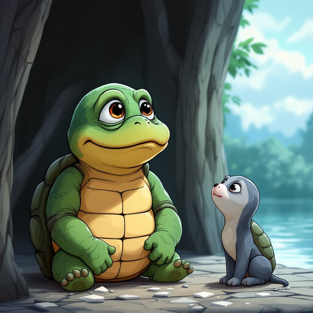 AI generated: An unconventional cartoon of  A wise old turtle telling exaggerated tales of his youth to the younge...