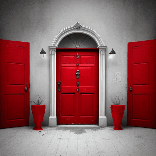 AI generated: a red door in a colorless globe. surreal. color splash art with the door.