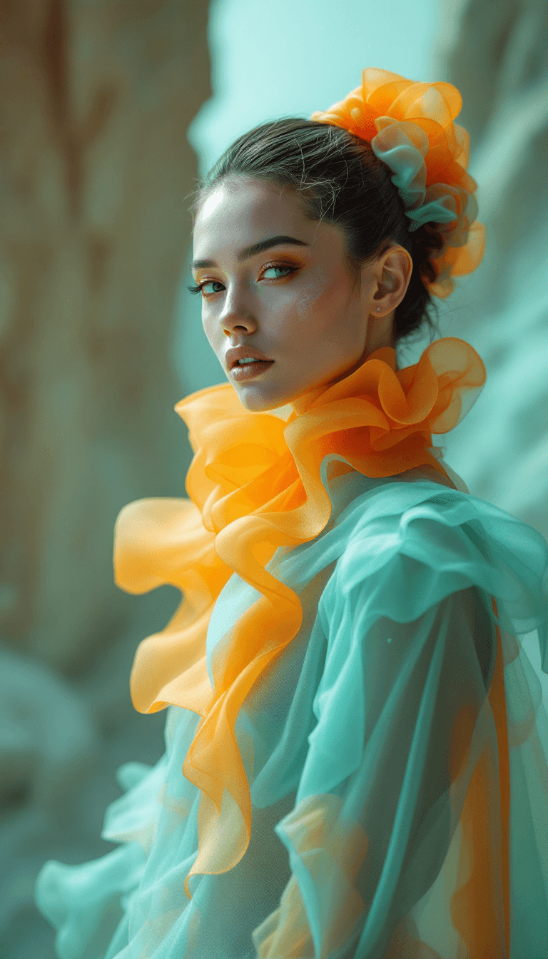 AI generated: high end fashion shoot, fashion, stunning model wearing extravagent futuristic foam and orange toned...