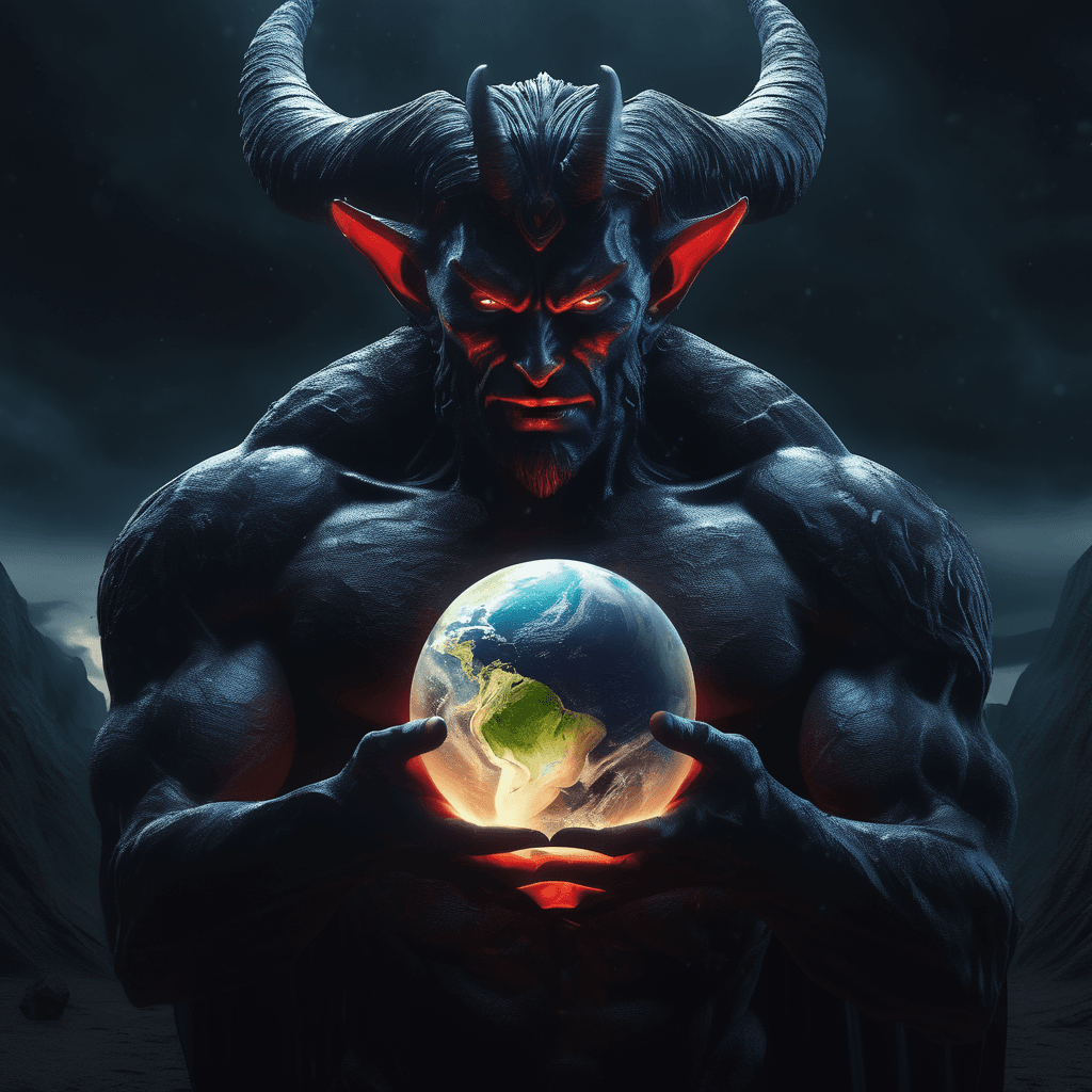 AI generated: Midshot, powerful portrait, a demon, holding the world with his hand, in a surreal landscape, dark a...