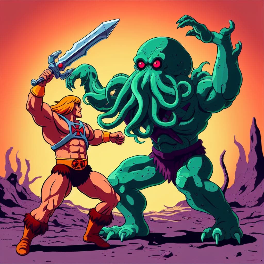 AI generated: image in the style of a he-man cartoon, Cthulhu battling with Man-at-arms
