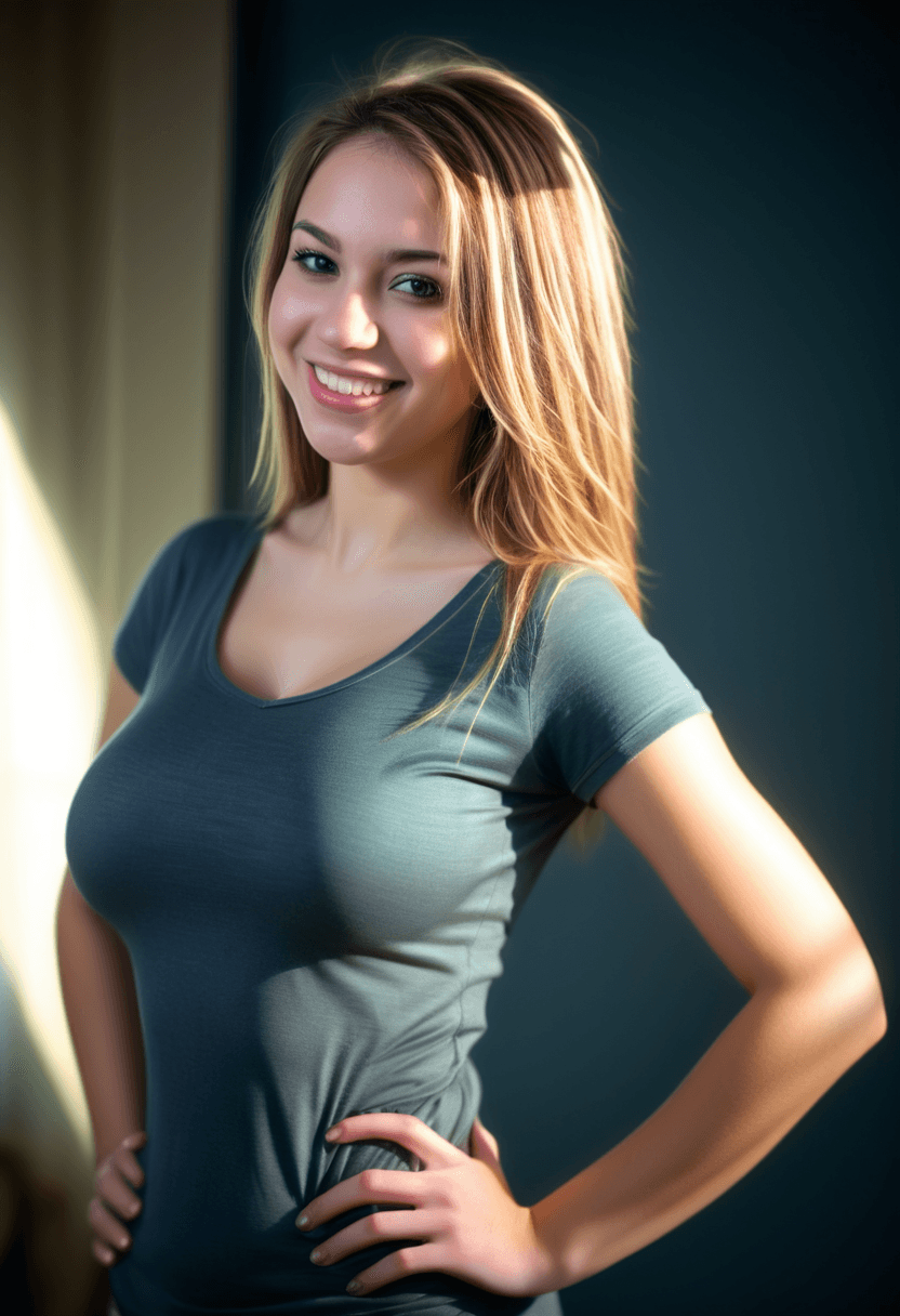 AI generated: This is a photograph, from a slight angle, of a woman standing in her living room with her hands on ...