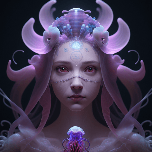 AI generated: Goddess close-up portrait ribcagel. jellyfish phoenix head, nautilus, orchid, skull, betta fish, bio...