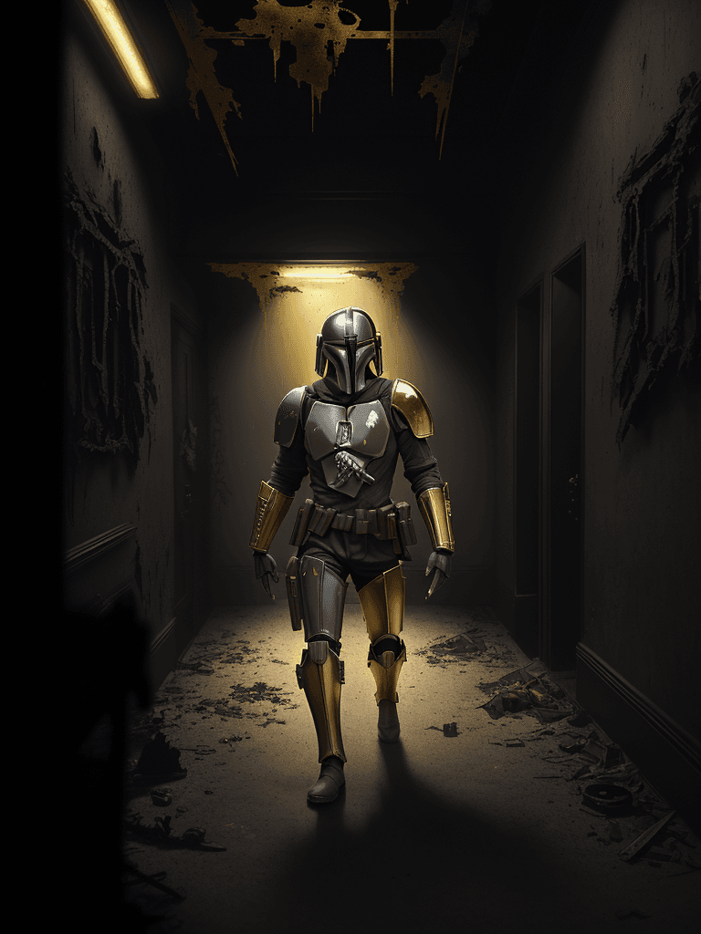AI generated: A haunting scene of a mandalorian with a golden armor| golden armor(red glowing eyes:1.2)| Staggerin...
