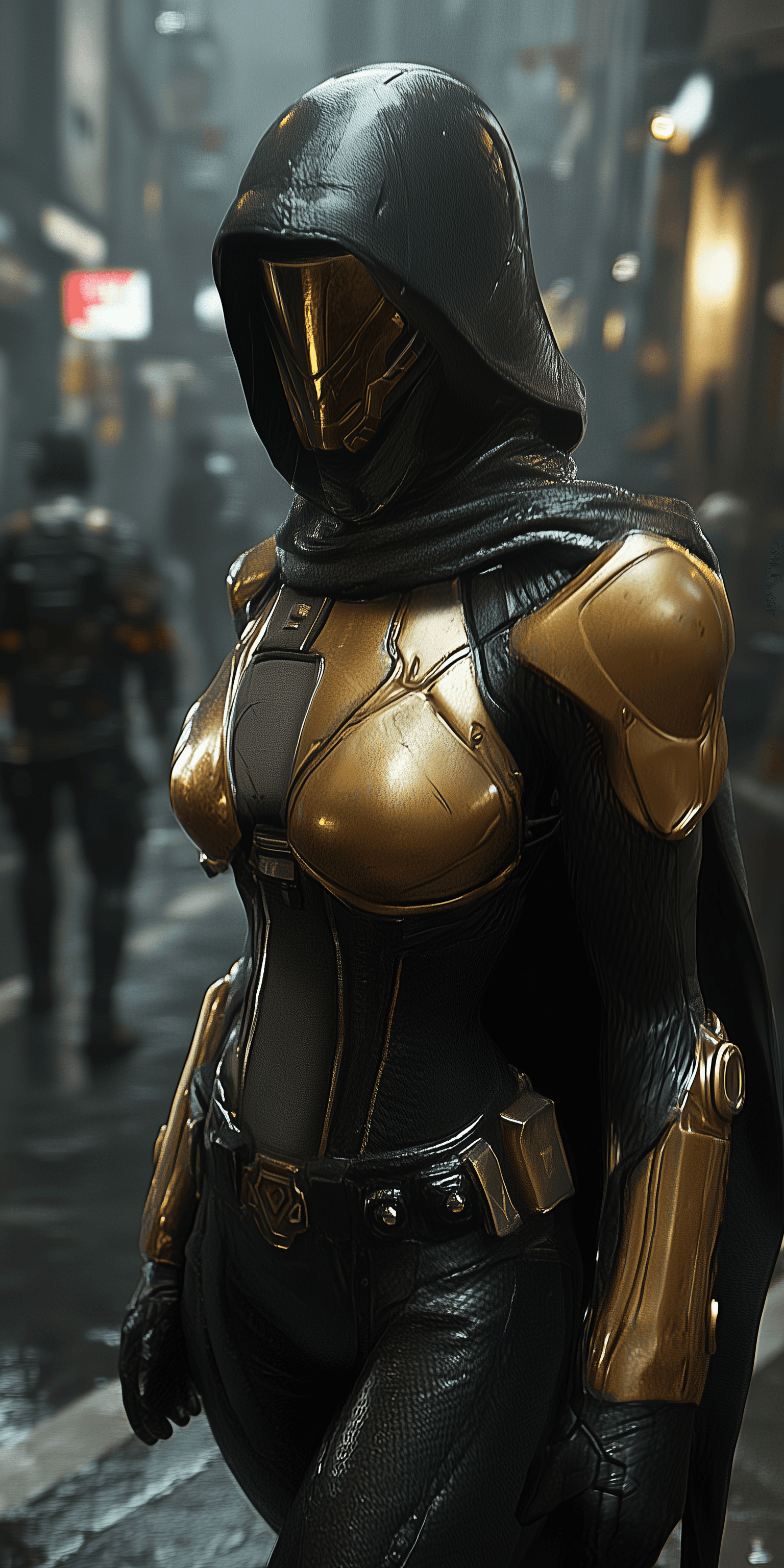 AI generated: A female figure wearing gold and black armor, with a helmet and chainmail hood covering her face, st...
