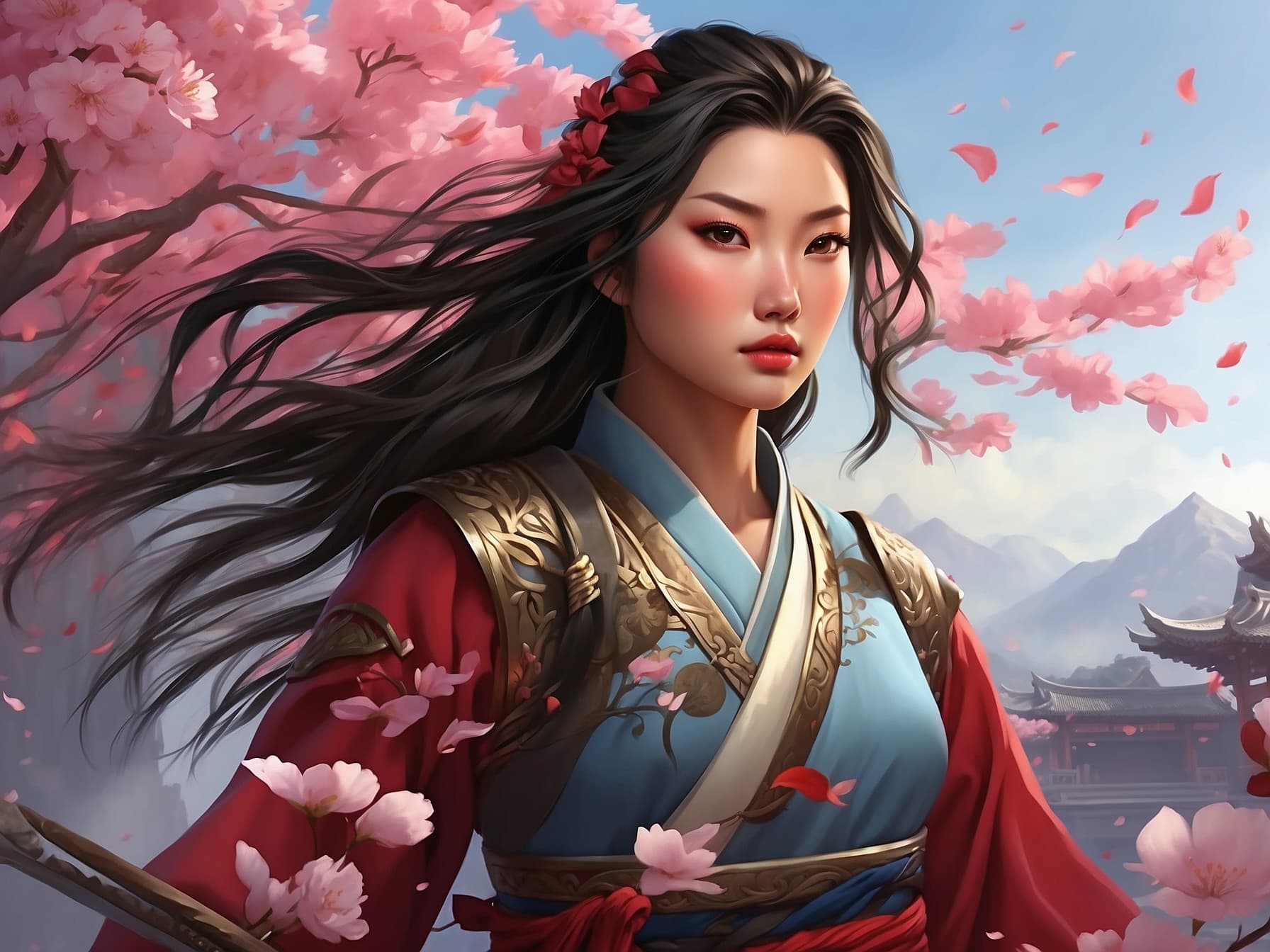AI generated: A Mulan painting in a kimono, a detailed painting by Magali Villeneuve, presented in cgsociety, fant...
