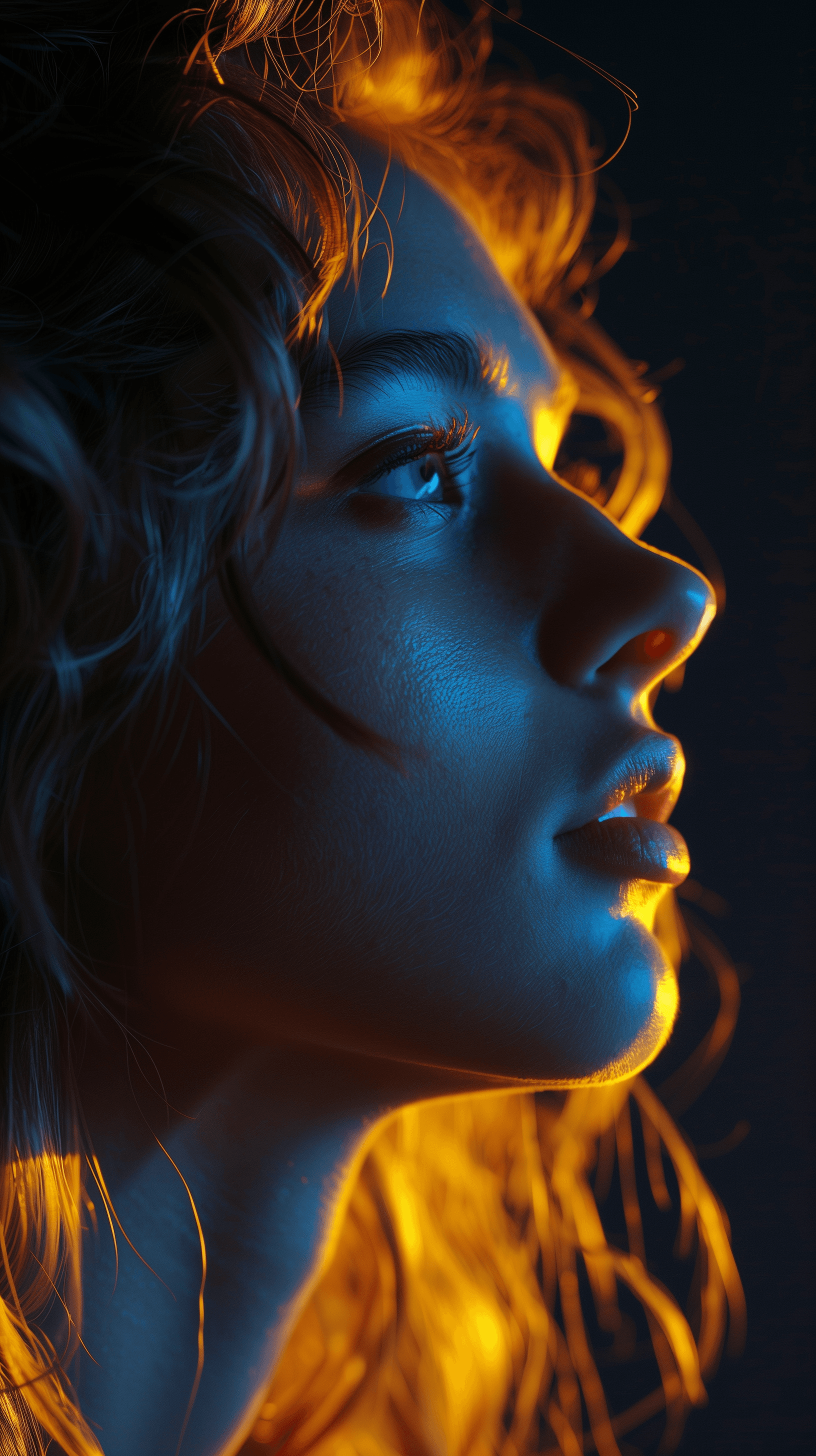 AI generated: side profile of a cute girl under a luminescent yellow light, sharp relief against the dark backgrou...