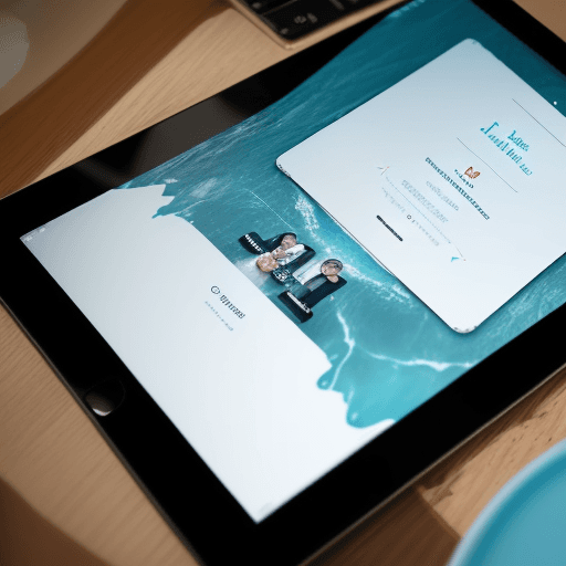 AI generated: A close-up view of an iPad screen held by a waiter on a makeshift raft in a flooded restaurant with ...