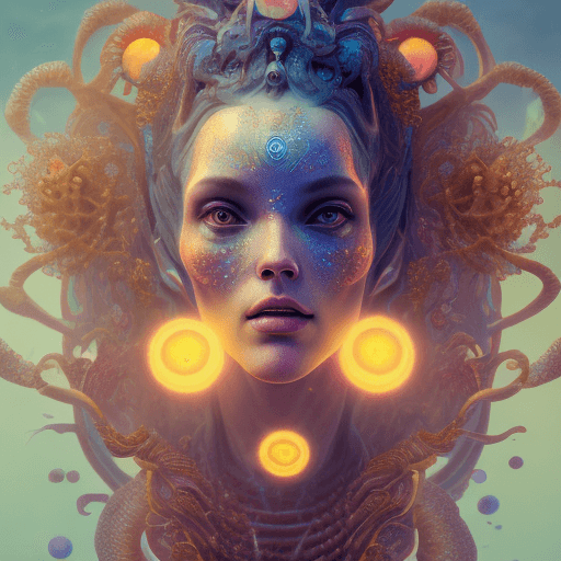 AI generated: Goddess close-up portrait ribcagel. jellyfish phoenix head, nautilus, orchid, skull, betta fish, bio...