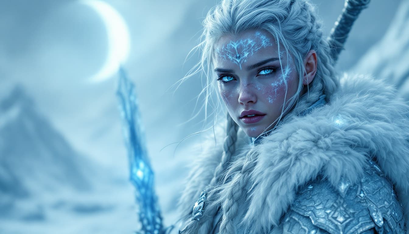 AI generated: A cinematic, ultra-realistic digital artwork featuring a young, beautiful, resilient female frost wa...
