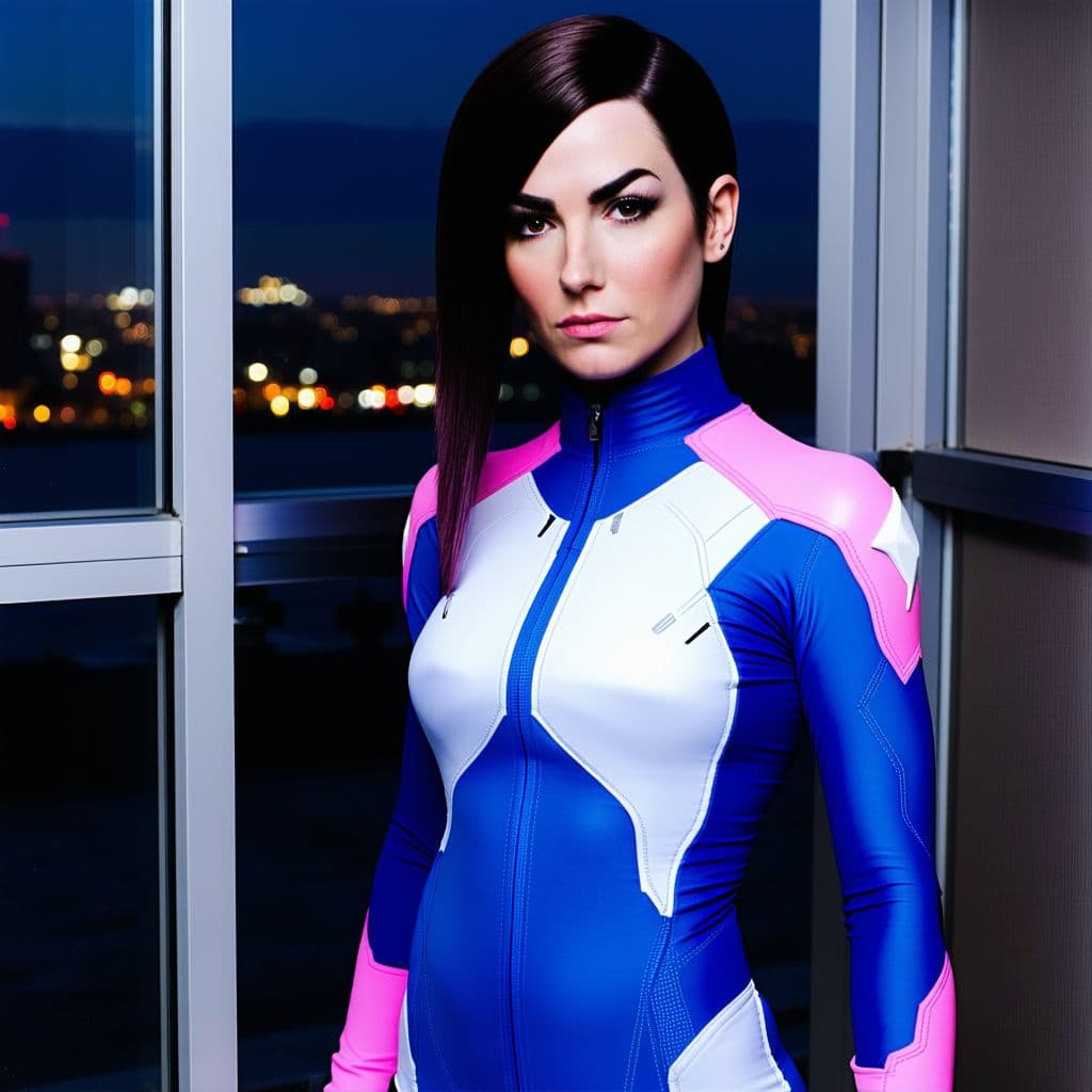 AI generated: Photography of Dva from the Overwatch game, wearing a blue and white spandex with pink edges bodysui...