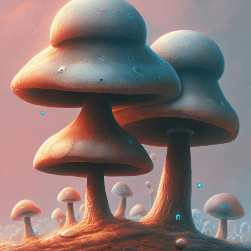 AI generated: mushroom robot in the style of Gediminas Pranckevicius 