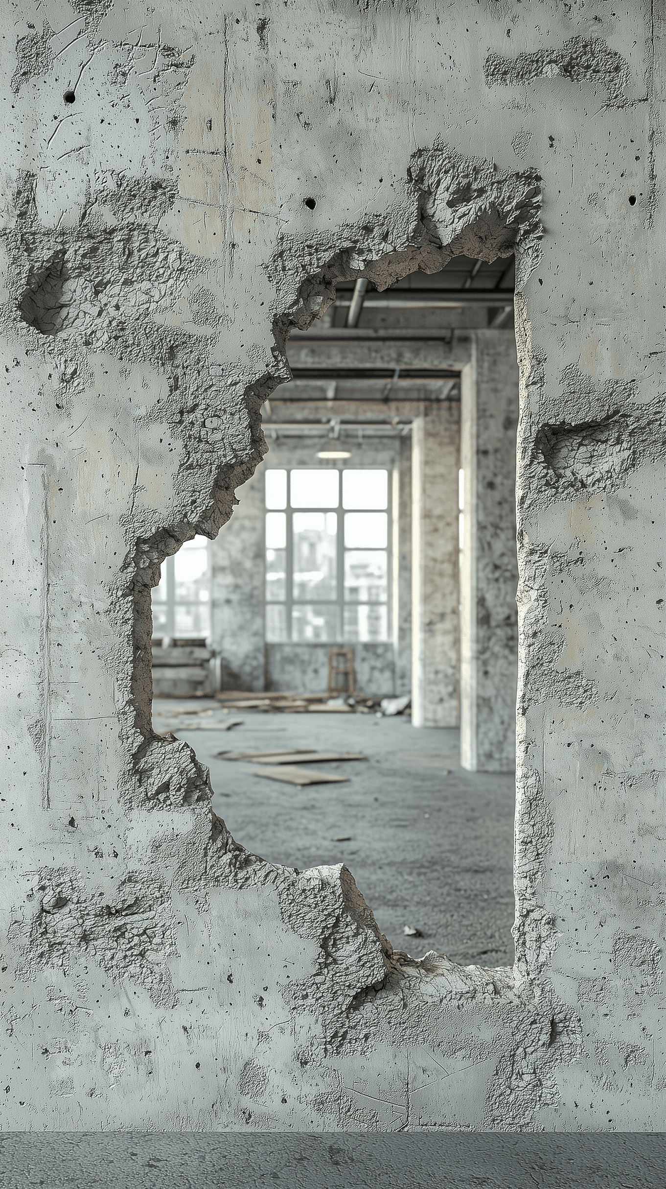 AI generated: photography, realistic interior scene featuring a rough, unfinished wall with a large hole, revealin...