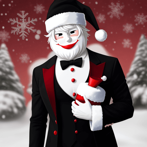 AI generated: Anime male snowman in a red and black suit with a Santa hat on