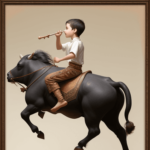 AI generated: A boy riding a bull and playing the flute