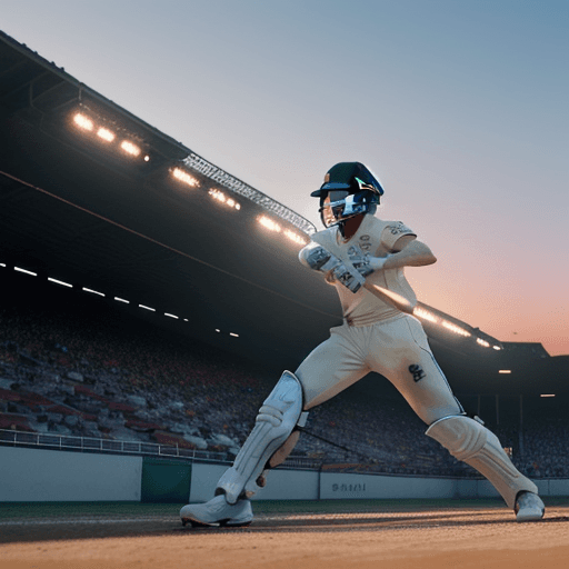 AI generated: photo of "Play station 5" in cricket stadium in running match, neon-lit effect,  dramatic light, pal...