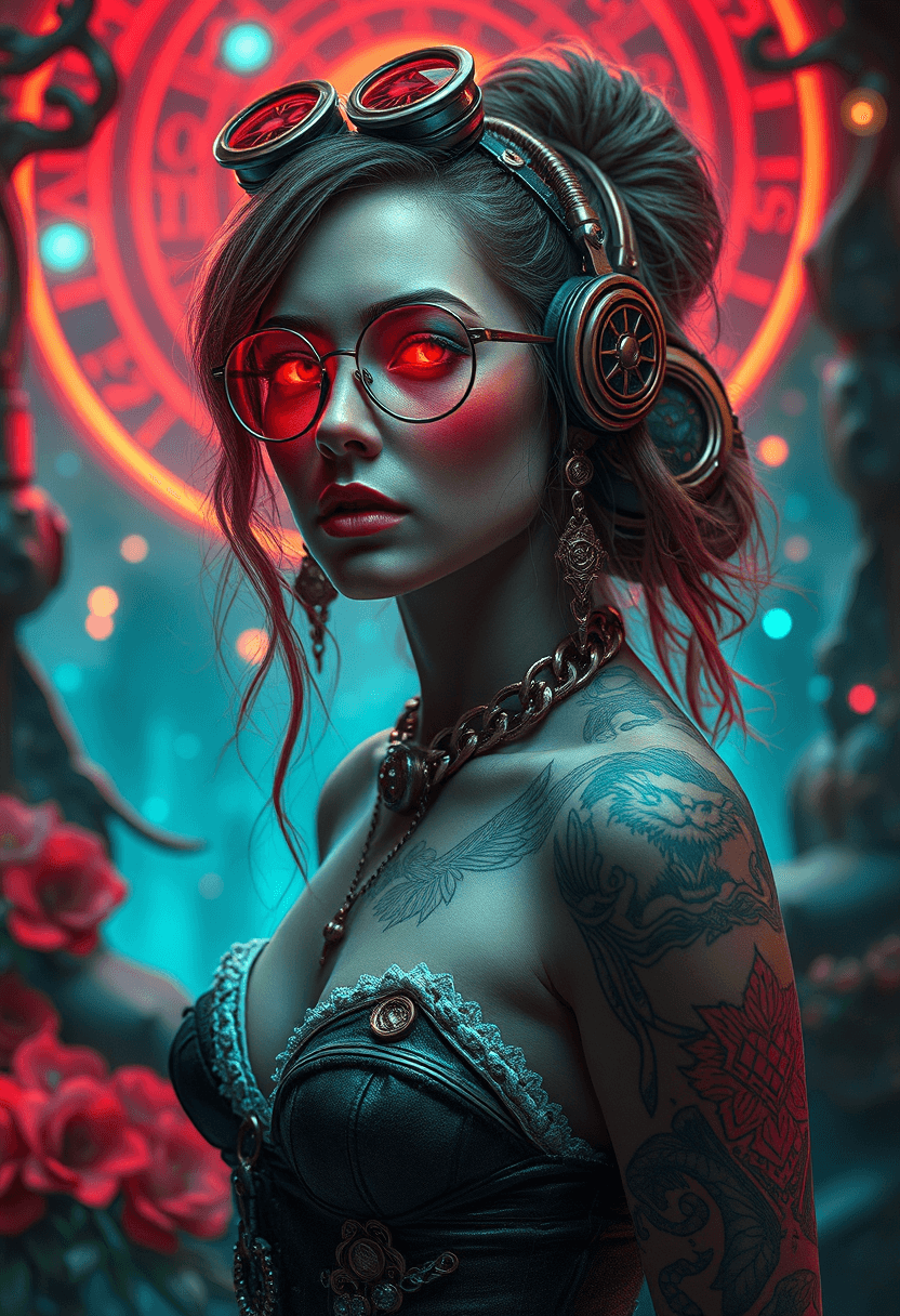AI generated: a ultra photo realistic of a steampunk stunning woman,tattoed, in the style of cyberpunk ,red and gr...