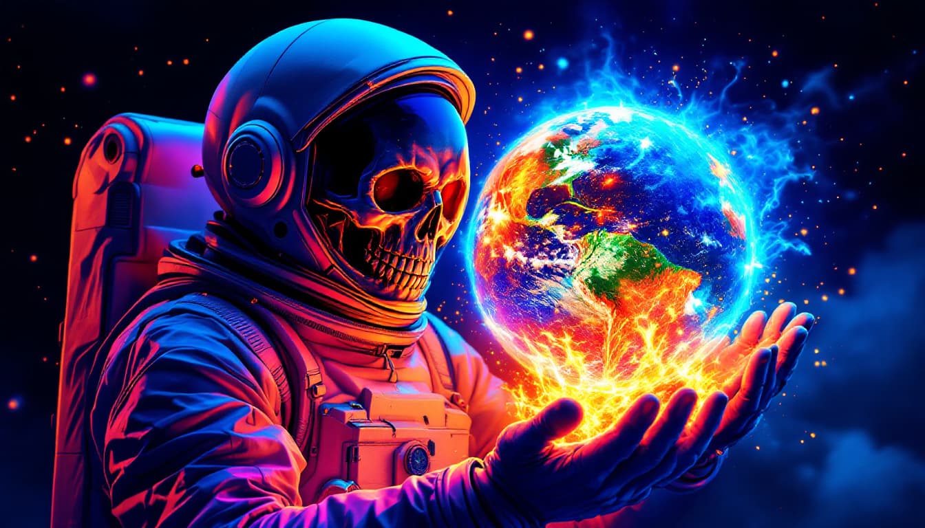 AI generated: 3D illustration of an astronaut holding the planet Earth with colorful lava inside, in the style of ...