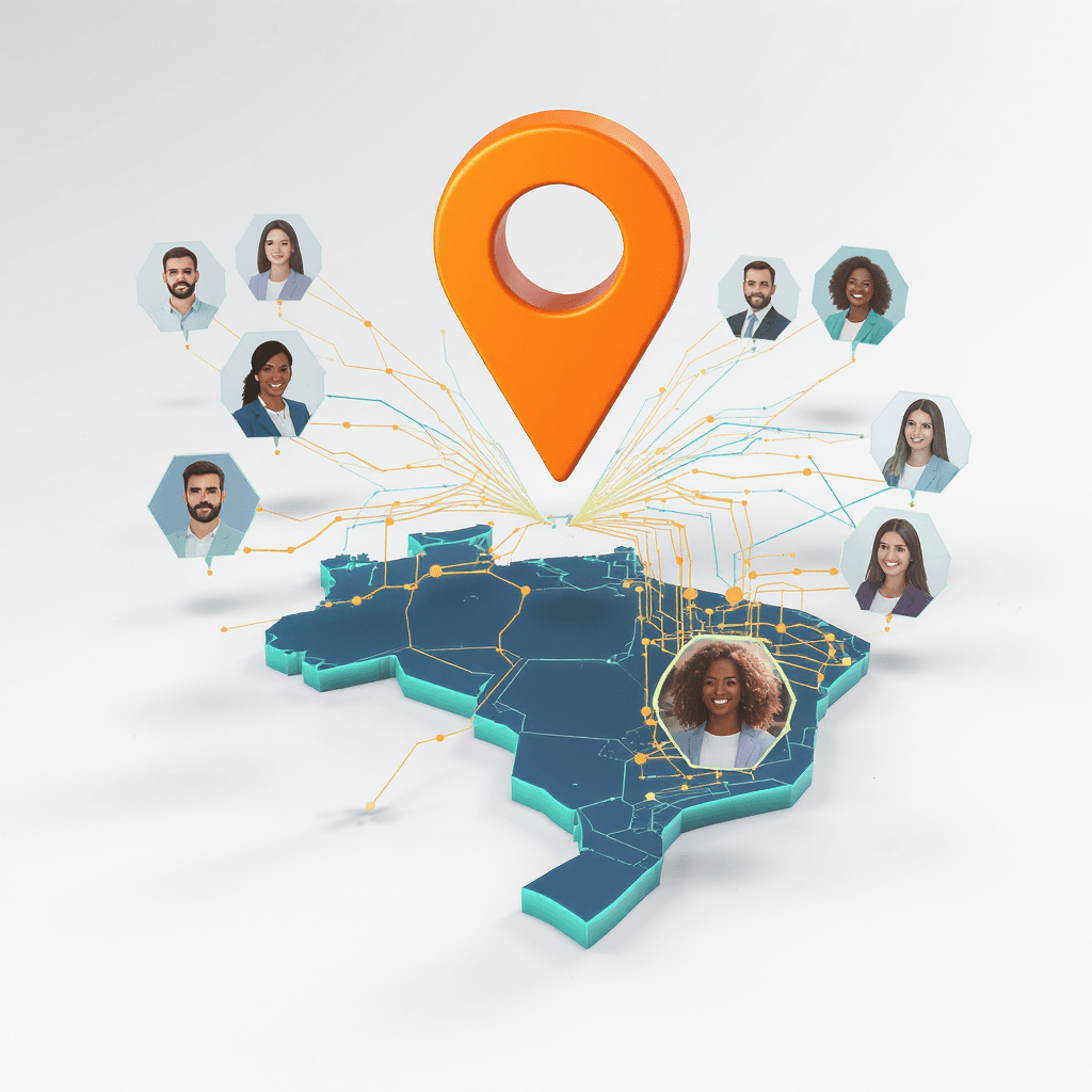 AI generated: Modern flat-plus-3D infographic: bright orange location pin hovering above a hexagonal tech map of B...