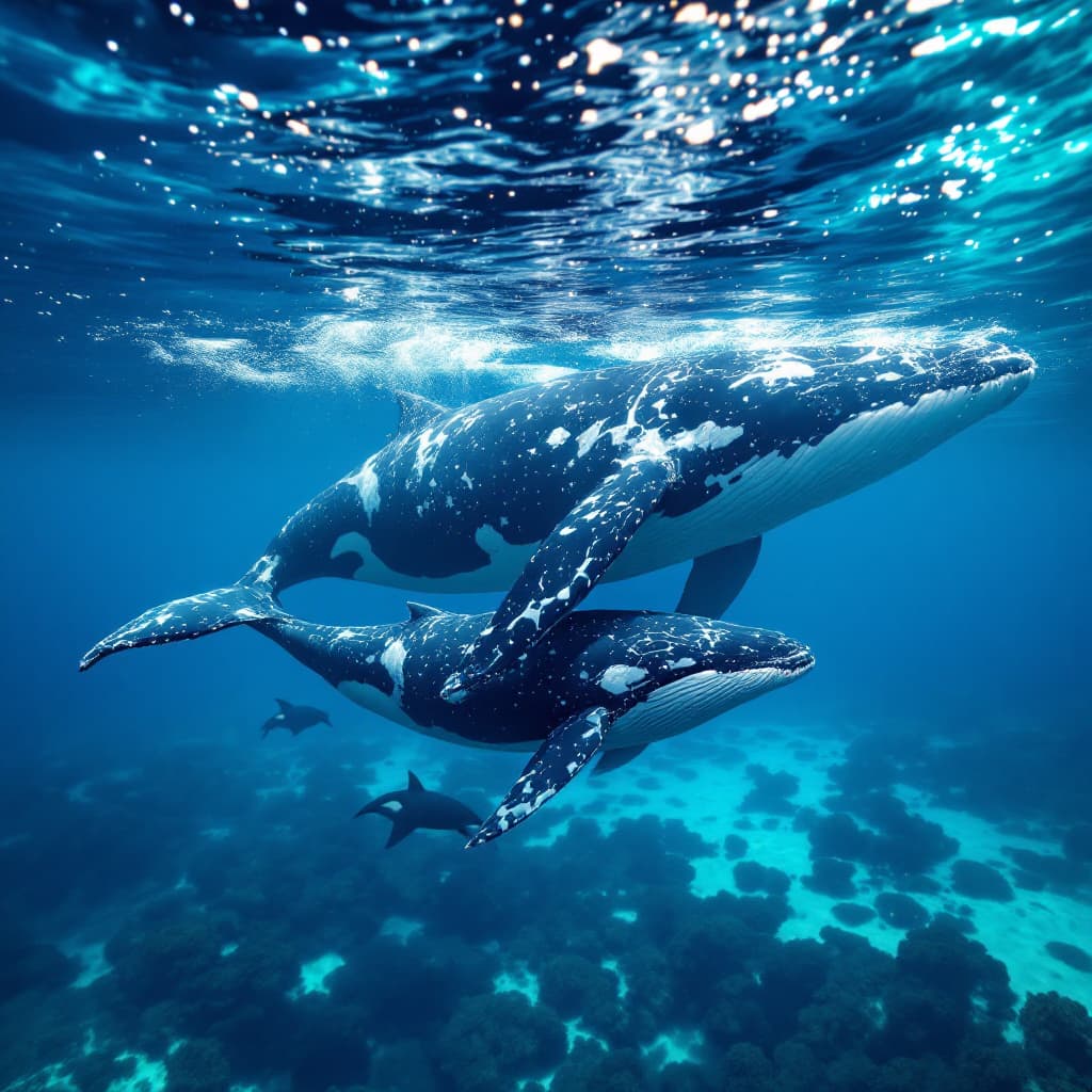 AI generated: Momma and baby humpback whales swimming in crystal clear water of the Caribbean with an pod of orca ...