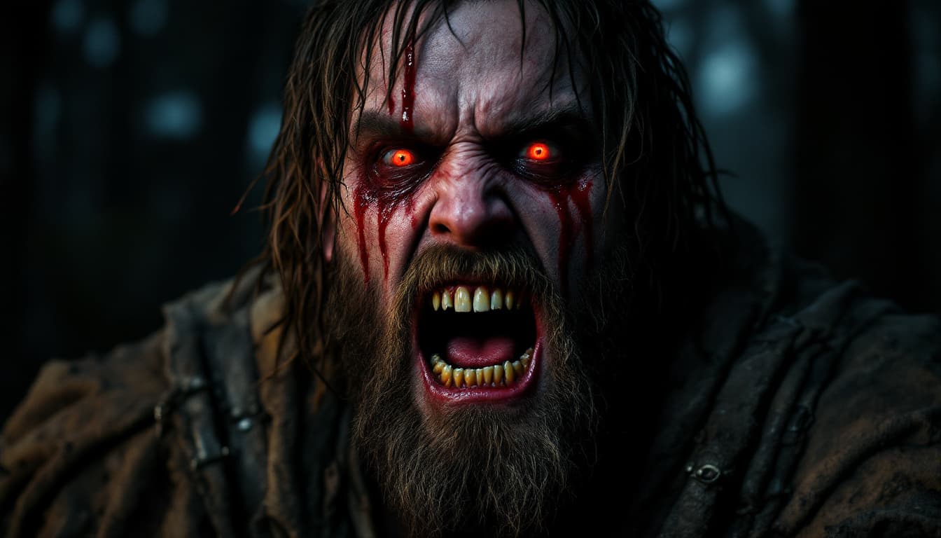 AI generated: Man with big canines, dirty medieval clothes, with red eyes crying in red tears, looking scary and h...