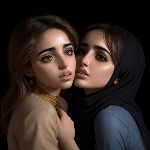 AI generated: two arabic girls ana de armas kissing, lesbian, Photo of a ultra realistic , dramatic light, 