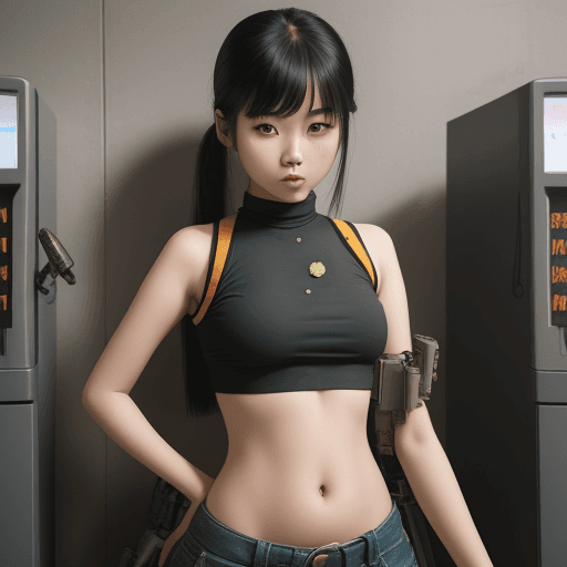 AI generated: A photography of asian girl in crop-top shot in belly by mana machine gun bullets