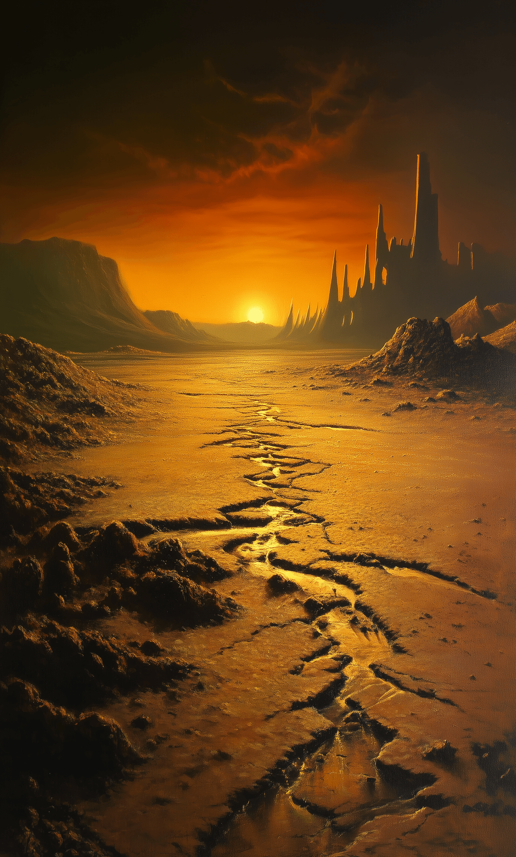 AI generated: An alien landscape in the style of Roger Dean and Wayne Barlowe, a detailed painting of an empty fie...