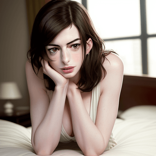 AI generated: Anne Hathaway, beautiful  seductive, view from front (sitting on bed(giving lecture)) (concerned sed...