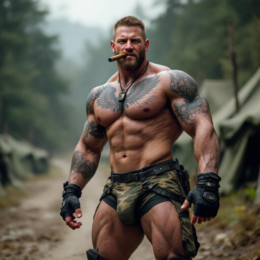 AI generated: Chris Redfield, Full body image, looking at us, shirtless, muscular abs, lots of tattoos, eagle ches...