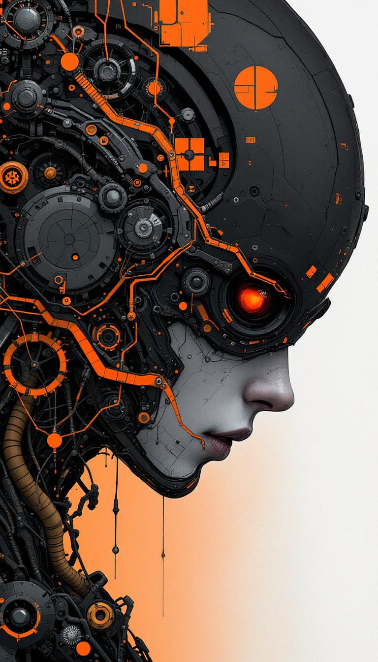 AI generated: artistic, portrait, synthetic human mechanic, complexity with details, empty eye, limited colors are...