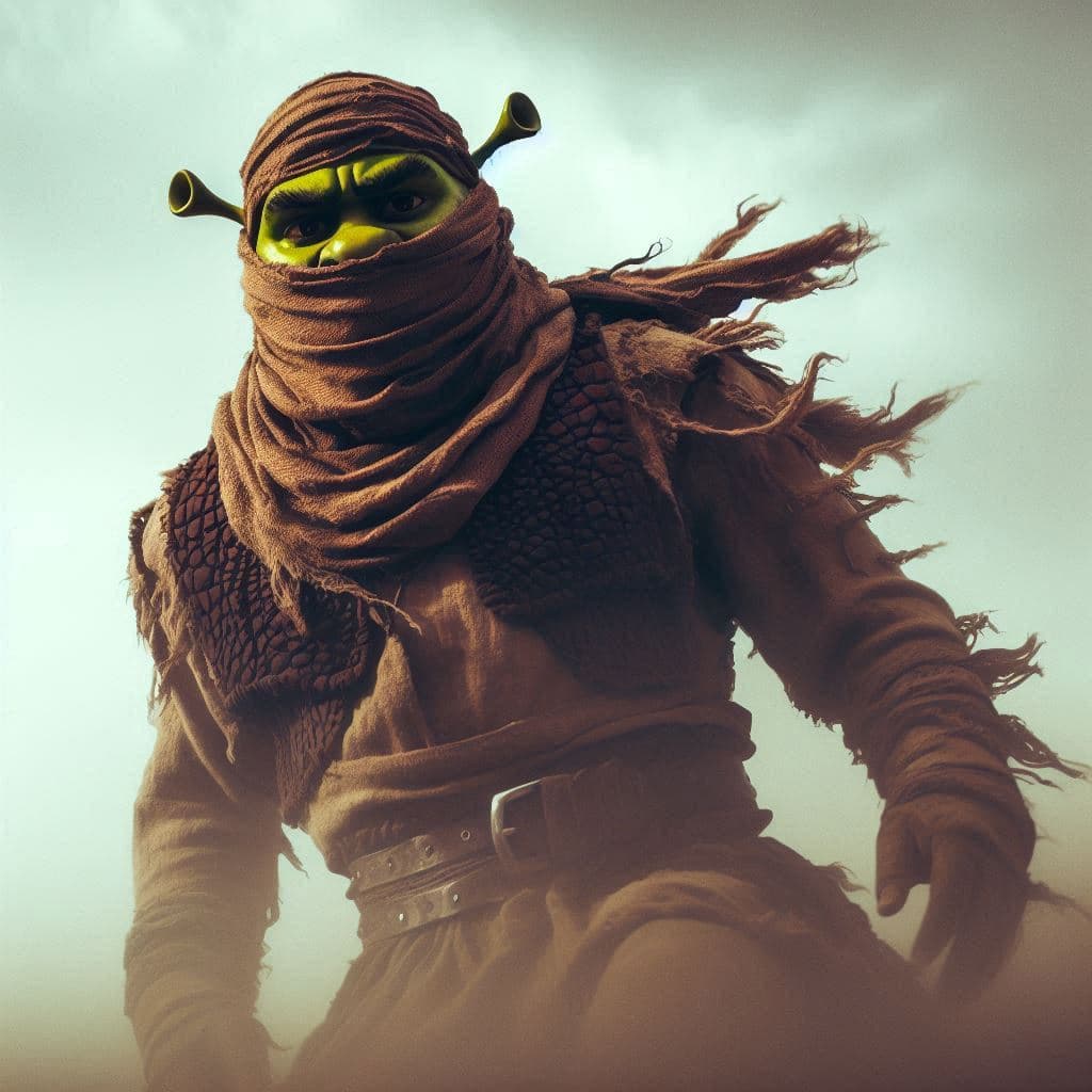 AI generated: vista de cuerpo completo intimidante de lado inclinado desde abajo: Shrek avanzando con un turbante ...