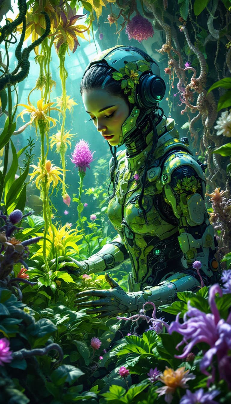 AI generated: Biopunk Narrative: The Genetic Gardener, a highly detailed digital painting portraying a woman, the ...
