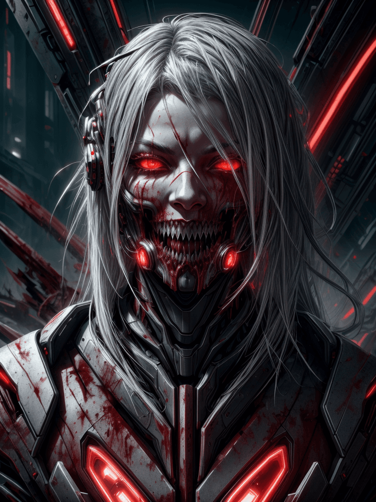 AI generated: CarnageStyle, (blood_red:1.3), <lora:CarnageStyle:0.6>, A portrait of a cybernetic demon woman, a ma...
