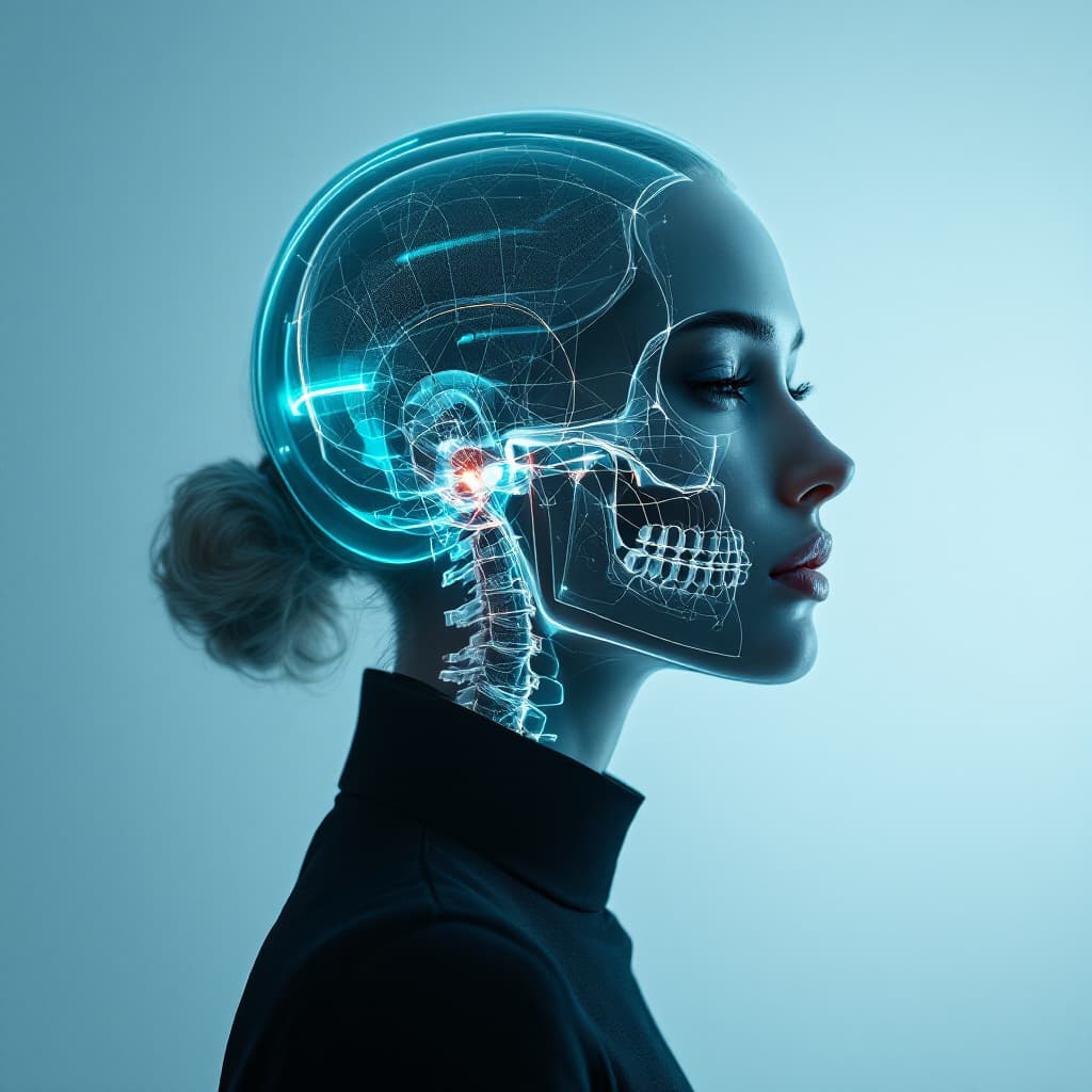 AI generated: ethereal portrait of a man, transparent skin revealing her skull, glowing with a neon-green bio-lumi...