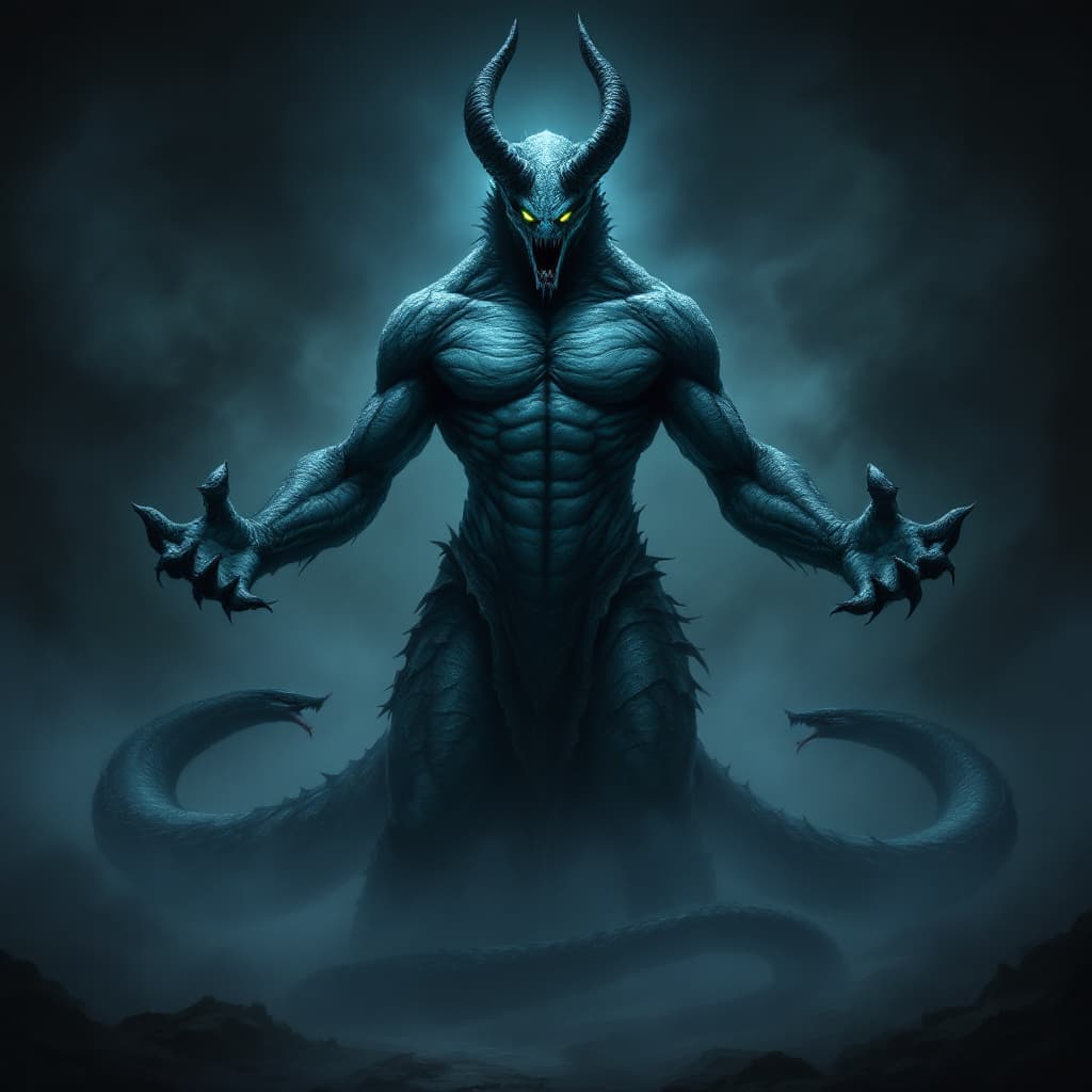 AI generated: A serpentine creature with a human body, its upper torso and arms resembling a humanoid figure, but ...
