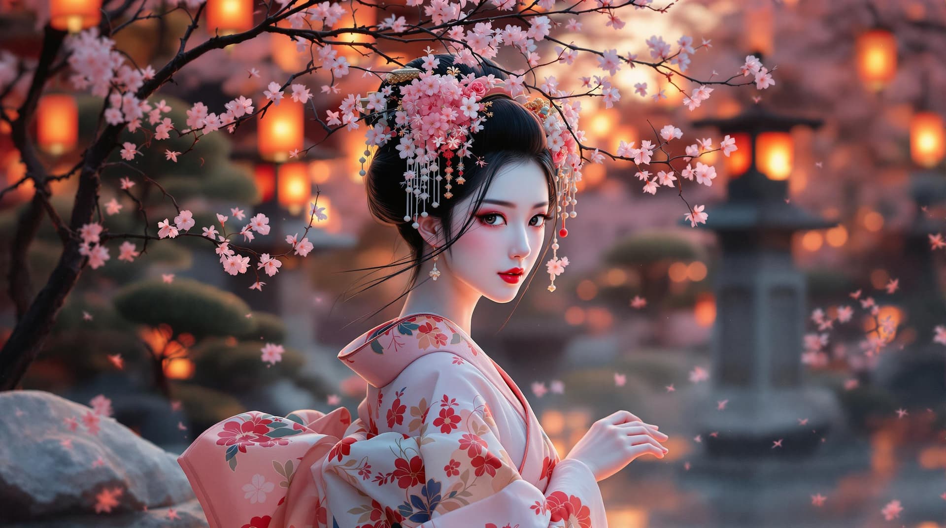AI generated:  A vibrant   hyper realistic portrait of a Japanese geisha, depicted in dynamic motion, set amidst a...