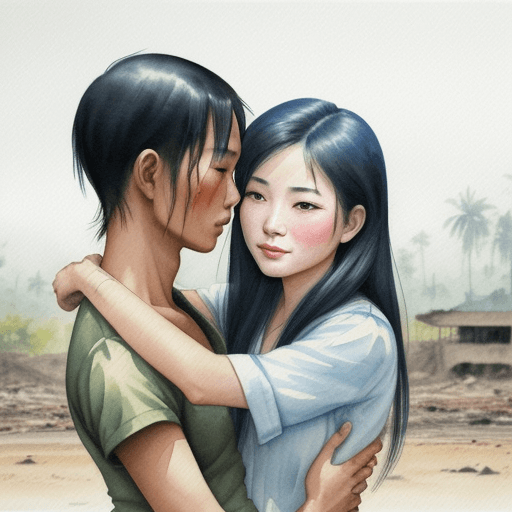 AI generated: water color painting of two vietnames lovers in a war torn country embracing, one is wearing a fake ...